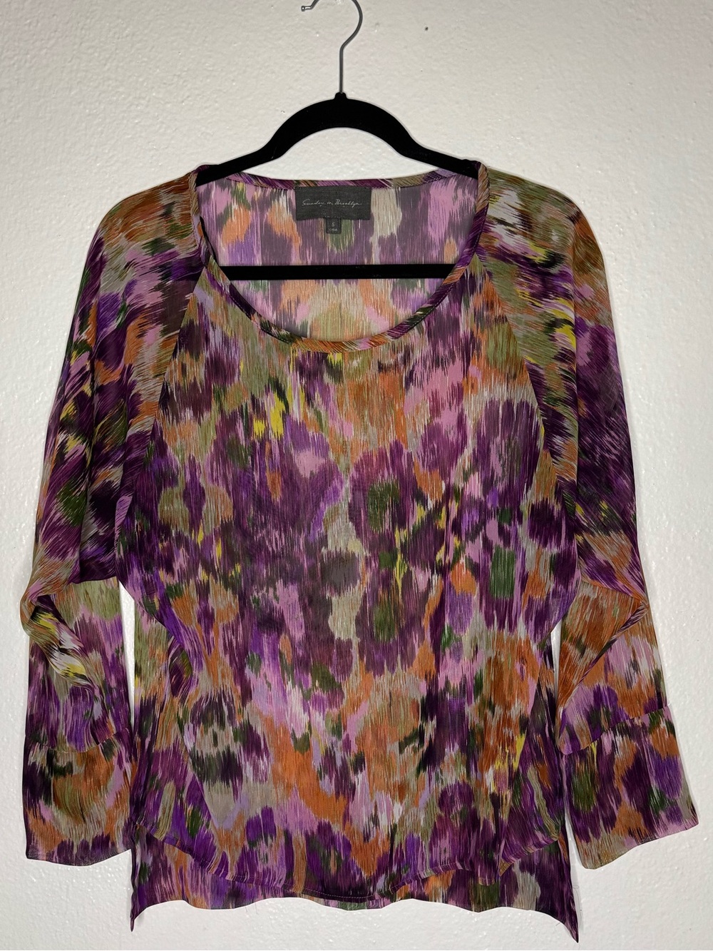 Sunday in Brooklyn Purple Multi-Color Long Sleeve Chiffon Sheer Top Blouse Small